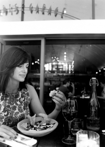 Silvia eating Salt Cod Brandade, Paradise Garage restaurant, Paradise Row, Bethnal Green E2
