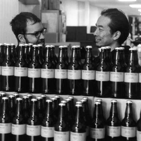 Jonah and Chun behind the bottles, The Kernel Brewery, Dockley Road, Bermondsey SE16