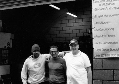 Three workmates, Mickey, Fayyaz and Mohammed at Umm-Al Qura Auto Care, Leabridge Road, Leytonstone E10