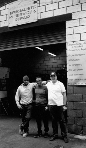 Three workmates, Mickey, Fayyaz and Mohammed at Umm-Al Qura Auto Care, Leabridge Road, Leytonstone E10